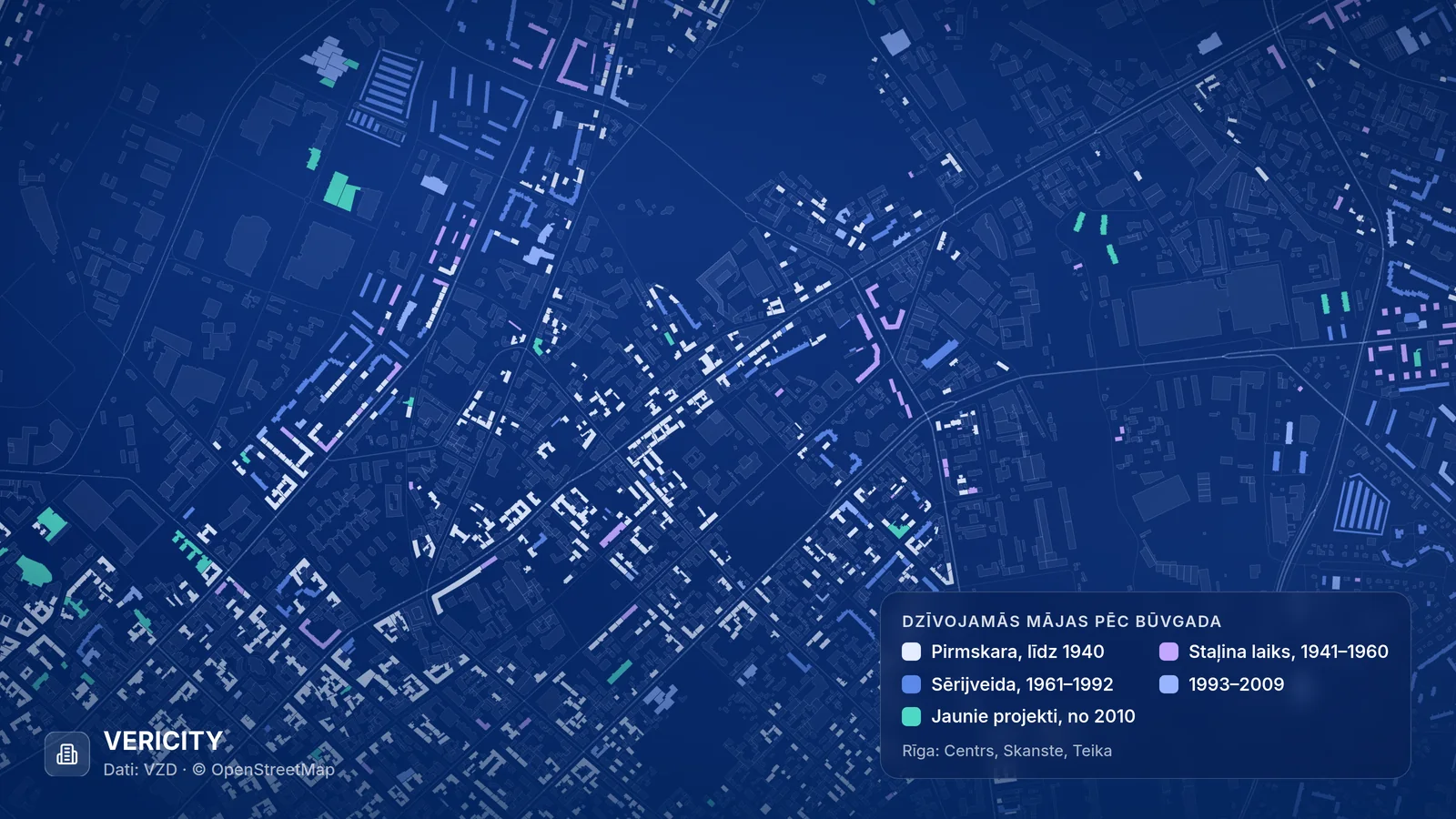 Rīgas centra, Skanstes un Teikas dzīvojamās mājas, iekrāsotas pēc būvgada: pirmskara nami, Staļina laika ēkas, sērijveida mājas un jaunie projekti